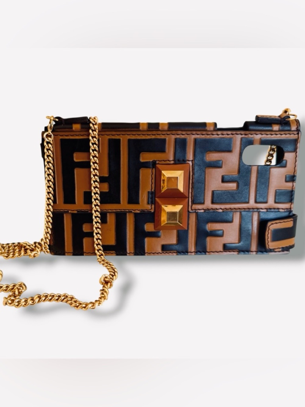 Fendi Brown Black Zucca Leather Bag  iPhone Case Bag Gold Strap X/XS & More - Picture 2 of 15
